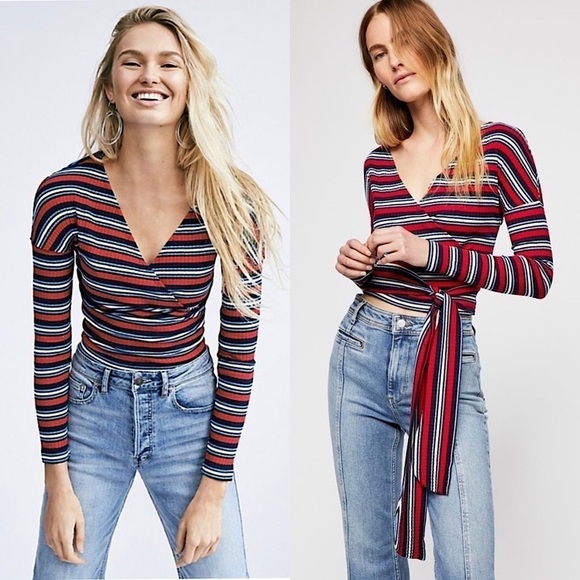 FREE PEOPLE 90s Stripe Rib Knit Long Sleeve V-Neck Wrap Waist Ballet Crop Top XS - Picture 1 of 8